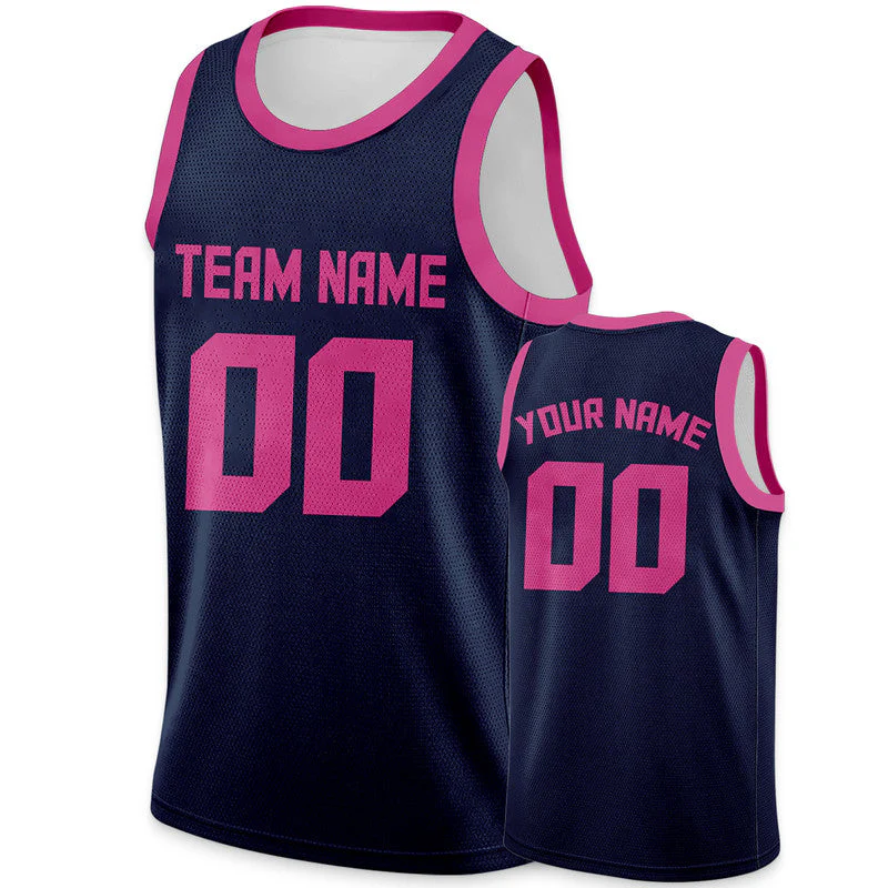 Custom Navy Pink Round Neck Rib-Knit Basketball Jersey