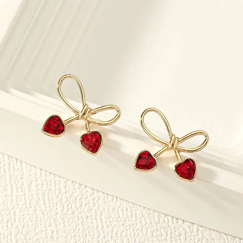 Elegant Bow Knot Red Heart Earrings