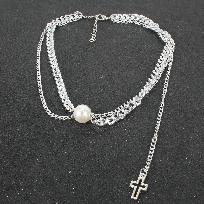 Stylish Multi-Layer Chain Necklace With Cross Pendant