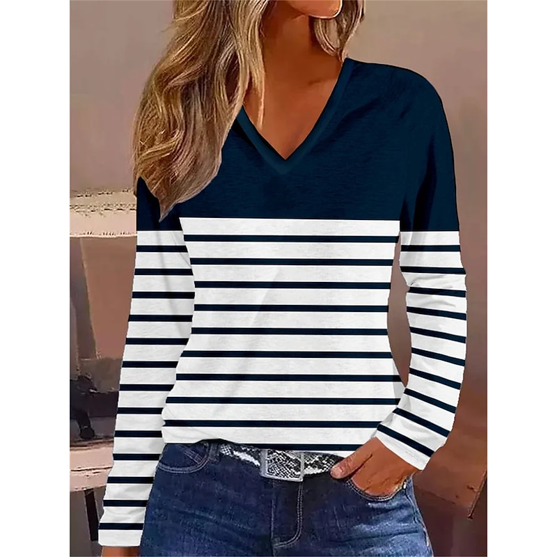 Striped V Neck Long Sleeve Tee