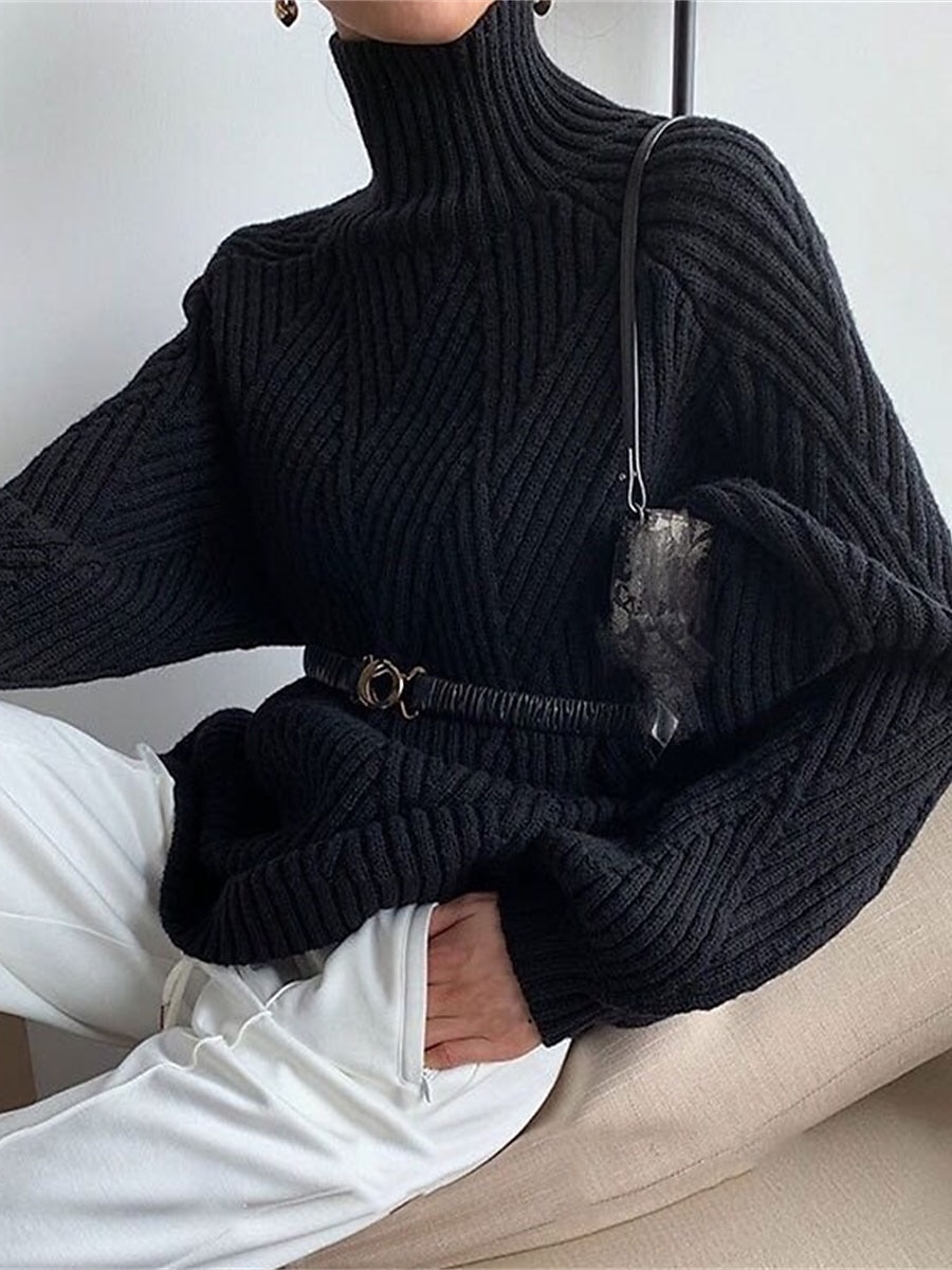 Cable Knit Turtleneck Sweater Black & White Soft Winter Top