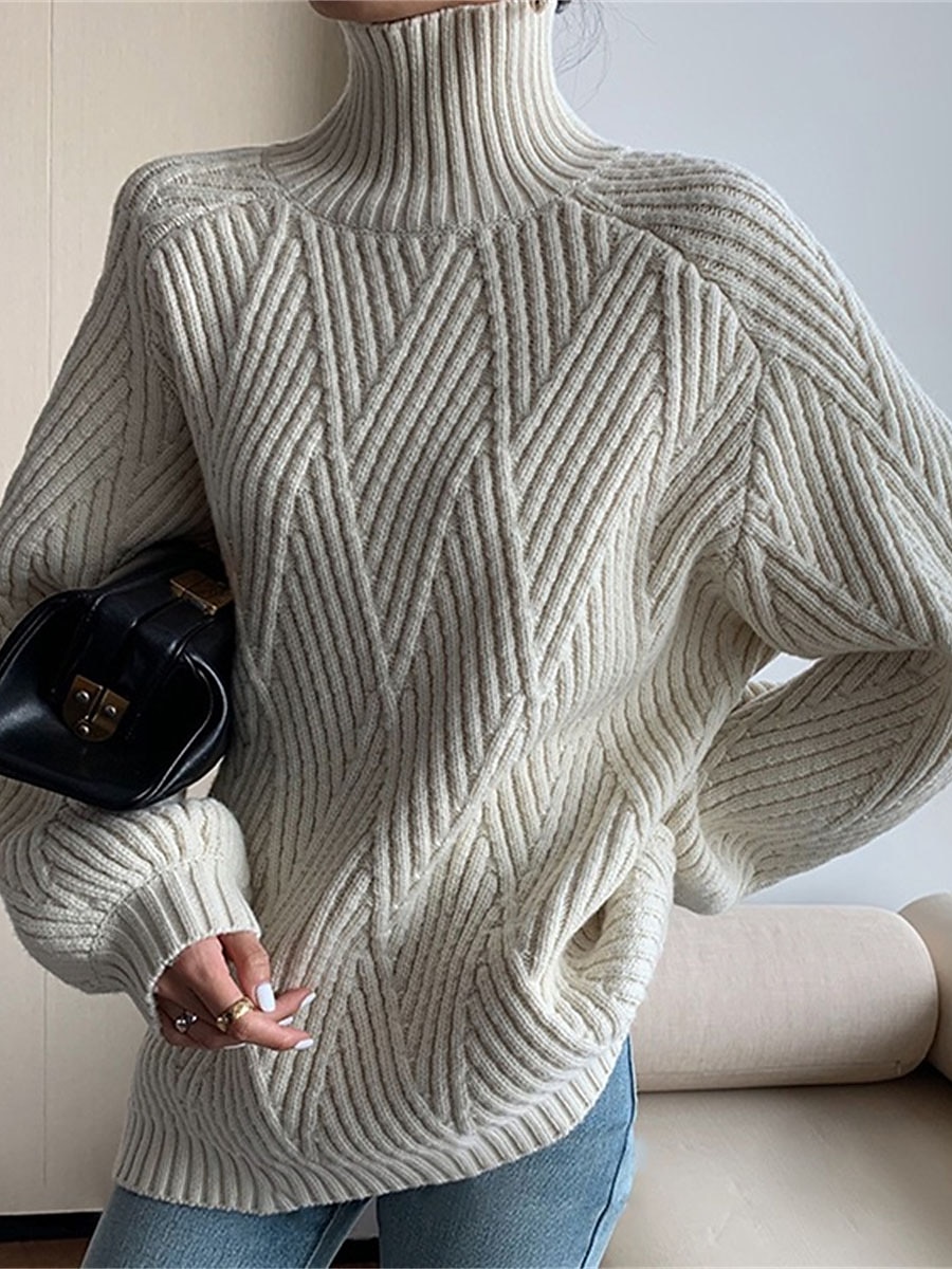 Cable Knit Turtleneck Sweater Black & White Soft Winter Top