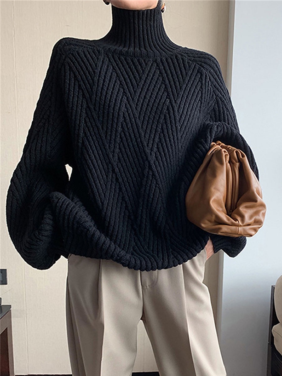 Cable Knit Turtleneck Sweater Black & White Soft Winter Top