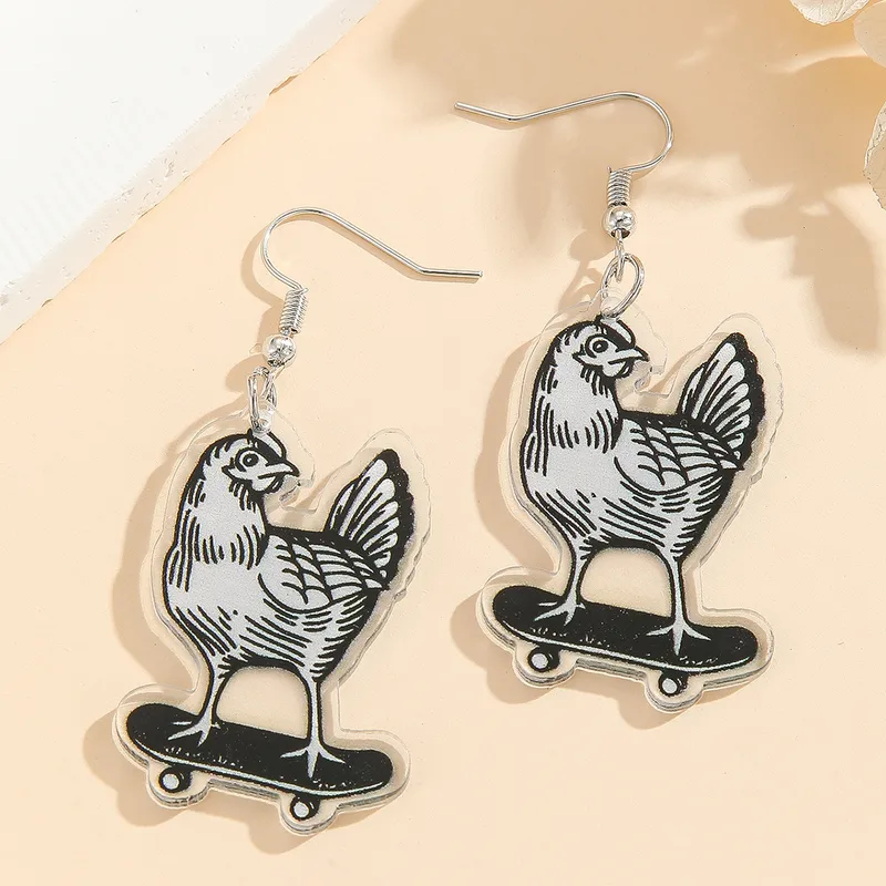 Quirky Chicken On Skateboard Drop Earrings