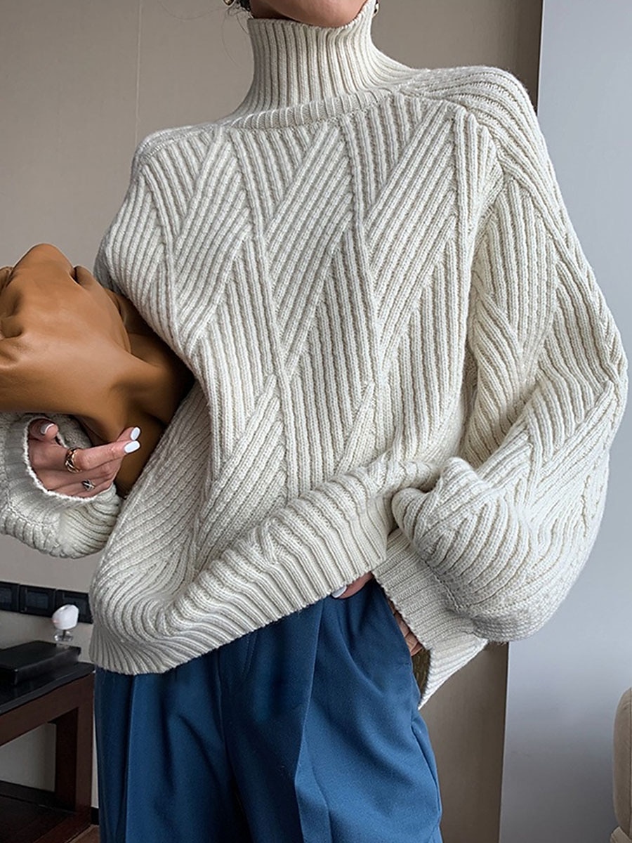 Cable Knit Turtleneck Sweater Black & White Soft Winter Top