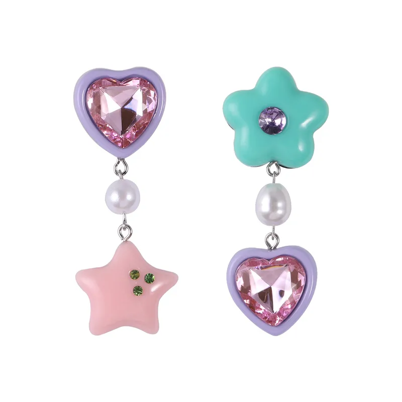 Colorful Asymmetrical Star And Heart Drop Earrings