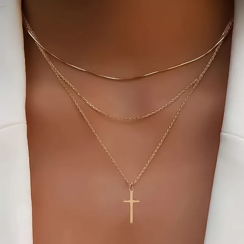 Elegant Triple-Layer Cross Pendant Necklace