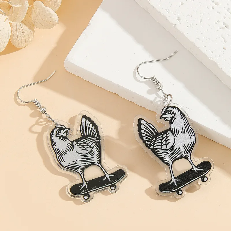 Quirky Chicken On Skateboard Drop Earrings