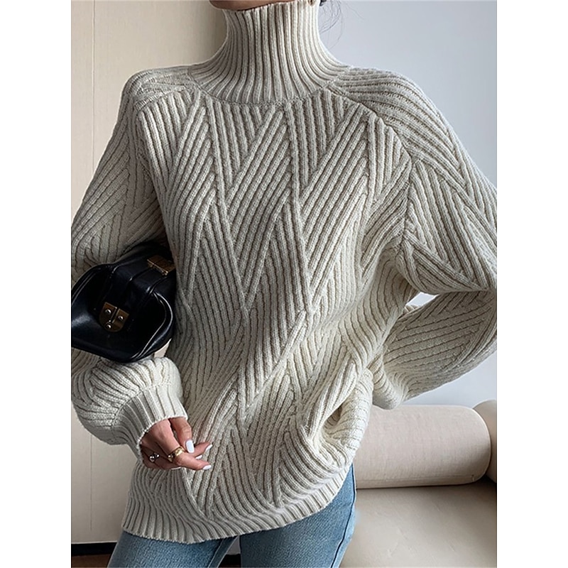 Cable Knit Turtleneck Sweater Black & White Soft Winter Top