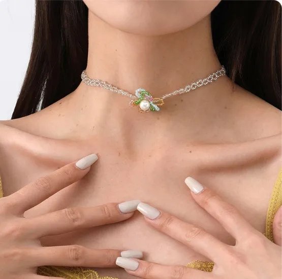 Elegant Floral Glass Bead Choker Necklace