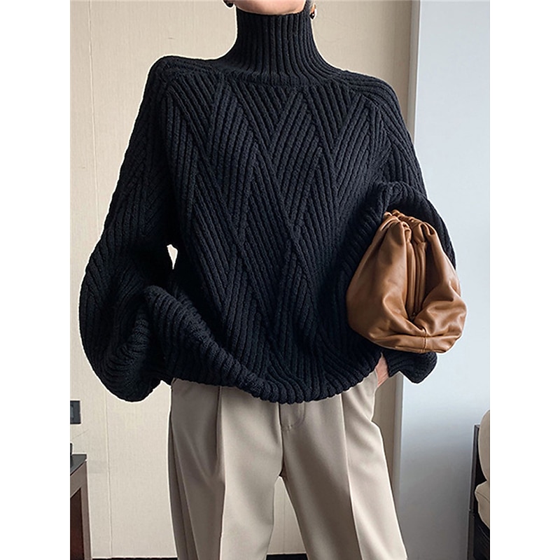 Cable Knit Turtleneck Sweater Black & White Soft Winter Top